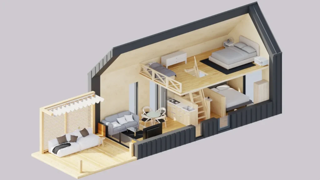 wizualizacja wnętrza - widok z góry - domek modułowy 35m2